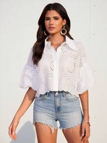 Aveloria Modichic 波西米亚风格随意镂空刺绣泡泡袖简约时尚衬衫 - 白色 - 查看 4