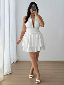 Flirla Plus Size White Summer Elwgant Holiday Night Out Club Deep V-Neck Backless Halter Jumpsuit,Embroidered Textured Pom-Pom Tie-Waist Wide Leg Loose - White - View 3