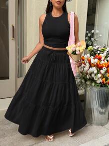 SHEIN EZwear 2pcs/Set Black Sleeveless Tank Dress Plus Size