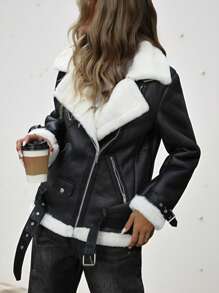 Aveloria Modichic Women's Chic Everyday Winter Faux Leather Aviator Jacket,Black And White Lambs Knitted PU Motorcycle Outerwear With Borg Lining,Belted Loose Fit - Black - View 4