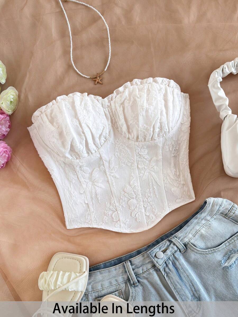 SHEIN Tall CURVE Vacation White Sexy Ruched Textured Fabric Bustier Crop Top With Ruffle Hem, - White - View 1