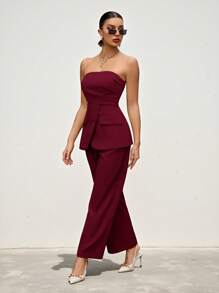 Aveloria Modichic 2pcs Women Elegant Commuting Solid Color Camisole Top And Pants Set - Red - View 4