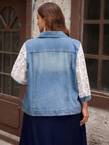EMERY ROSE Áo khoác denim bó tay 3/4 màu xanh nhạt thêu ren Leisure & Holiday - Rửa nhẹ - Xem 3