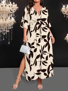 EMERY ROSE Plus Size Elegant All-Over Print High Slit Waisted Dress - Black and White - View 1