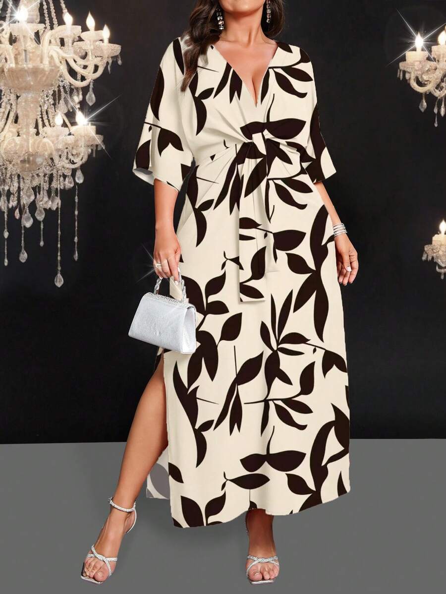 EMERY ROSE Plus Size Elegant All-Over Print High Slit Waisted Dress - Black and White - View 1