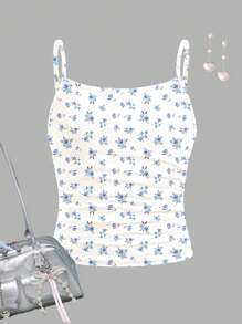 SHEIN Girlism Boho Style Mini Ditsy Floral, Tween Girl Slim Fit Casual Vacation Camisole Top - White - View 1