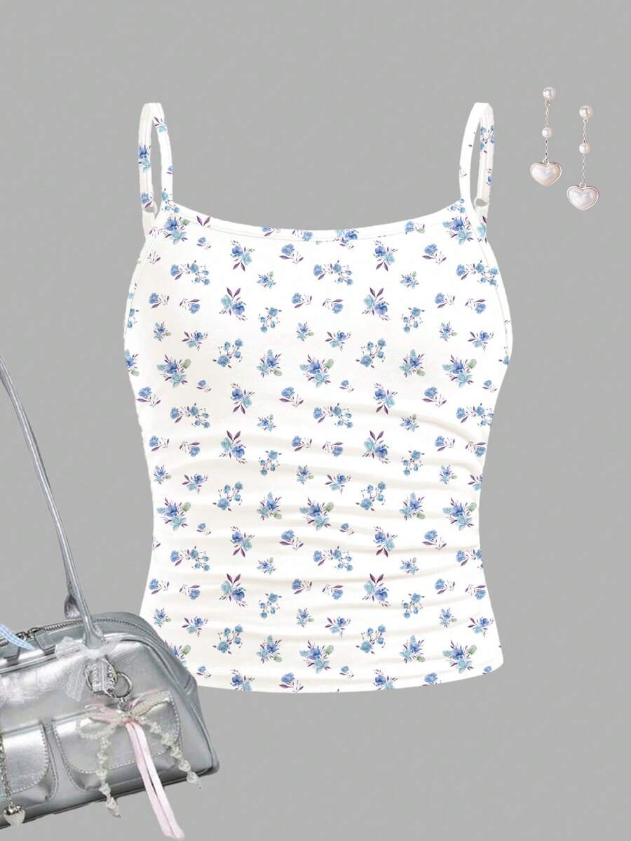 SHEIN Girlism Boho Style Mini Ditsy Floral, Tween Girl Slim Fit Casual Vacation Camisole Top - White - View 1