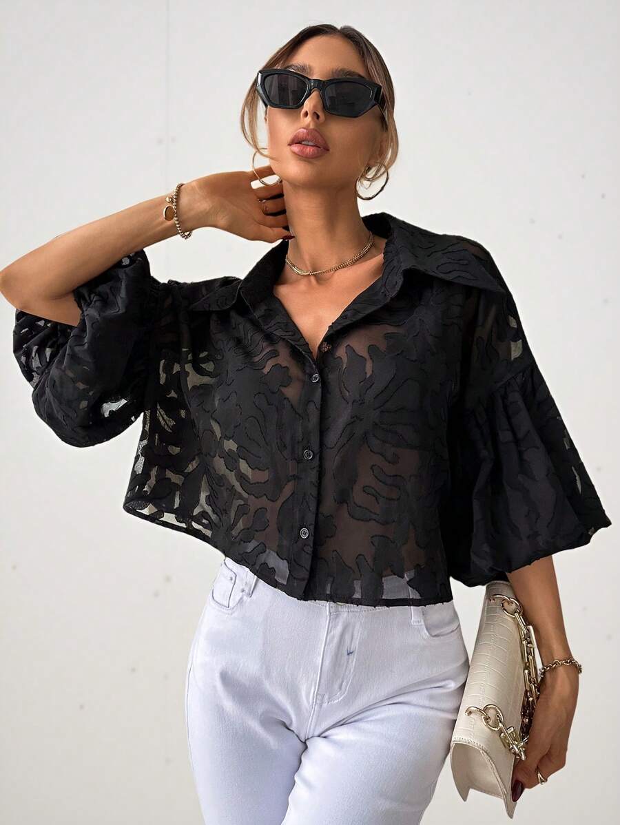 Aveloria Modichic Jacquard Lantern Sleeve Button Front Shirt Button Up Shirt Women  - Black - View 1