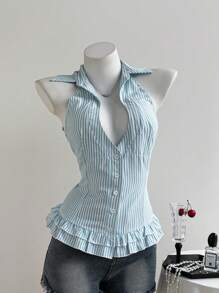 Elamini Áo sơ mi kẻ sọc cổ bẻ, thời trang phù hợp cho mùa hè - Màu xanh bạc hà - Xem 4