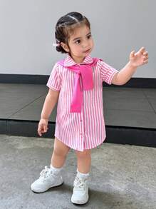 2pcs/Set Baby Girl Cozy Casual Versatile Cute Pink & White Striped Short Sleeve Shirt Dress With Shawl Outfit, Suitable For Indoor, Outdoor, Daily, Sports, Play, Party, Photography, Holiday, Festivals, Spring/Summer