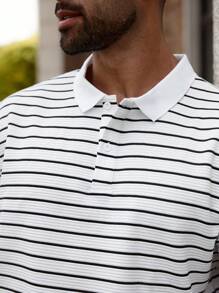 Manfinity Homme Plus Size Men's Casual Striped Button-Up Half Placket Short Sleeve POLO Shirt, Summer