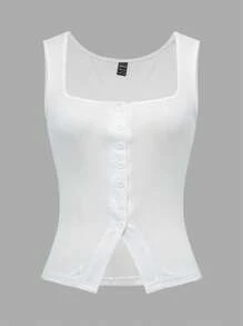 Zavorell French Style Square Neck Sleeveless Slit Knit White Tank Top For Women, Slim-Fit, Sexy Design, For Summer - White - View 7