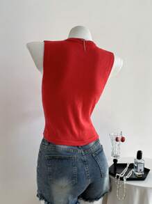 Elamini Women's Sleeveless Cardigan, Solid Color, Fashionable For Summer - Red - View 2