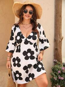 SHEIN Clasi Plus Size V-Neck Long Sleeve Simple Fashion Dress, Suitable For Summer - Multicolor - View 4