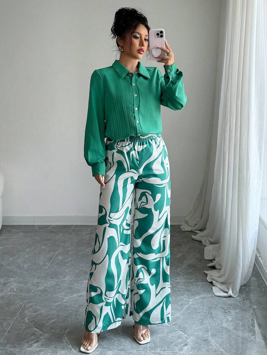 SHEIN LUNE Button Through Shirt & Allover Print Wide Leg Trousers - Multicolor - View 1