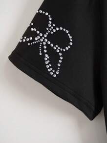 INAWLY Women's Fashionable Versatile Butterfly Rhinestone Decor Short Sleeve T-Shirt, Suitable For Summer - Black - View 4