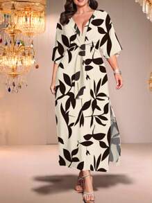 EMERY ROSE Plus Size Elegant All-Over Print High Slit Waisted Dress - Black and White - View 4