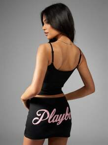 Missguided x Playboy Top de tirantes con logo Y2K Estética Top corto sin mangas deportivo Ropa de calle de verano Primavera Festival Club de baile Fiesta Gimnasio Salón - Negro - Ver 2