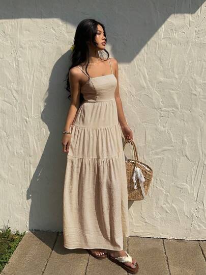 Lyxana Beige Textured Fabric Shirring Waist Sleeveless Dress, Loose And Slimming Resort Style