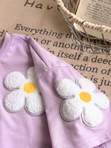 2pcs/Set Young Girl Solid Color Crew Neck 3D Flower T-Shirt And Shorts Set