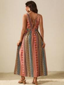 Boho Mama Maternity V-Neck Loose Allover Print Dress, Suitable For Summer Holiday