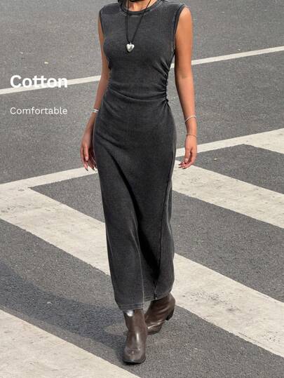 Muchica 女士褶皱紧身中长休闲黑色无袖连衣裙