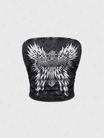 Grunge Punk Damen Ärmellos Top mit Kreuz- und Flügel-Strass-Verzierung