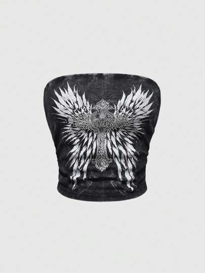 Grunge Punk Damen Ärmellos Top mit Kreuz- und Flügel-Strass-Verzierung