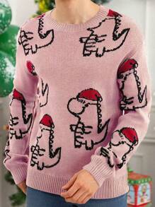 Manfinity Homme Men's Cartoon Dinosaur Pattern Crew Neck Long Sleeve Sweater, Autumn/Winter - Hot Pink - View 3