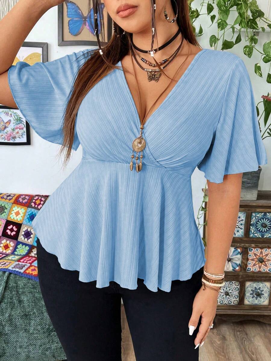 SHEIN MOOSTA Plus Size V-Neck Ruffle Sleeve Elegant Solid Color Short Sleeve T-Shirt, Summer - Blue - View 1