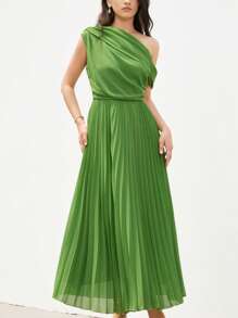 Aveloria Modichic 新款优雅法式女装简约大方不对称肩部设计收腰褶皱喇叭长款雪纺连衣裙