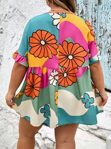 SHEIN CURVE+ Plus Size Colorblock & Floral Print Button-Up Shirt, Summerbeach Outfits For Woman/Beach Dress/Beach Vacation Outfits/Beach Essentials / Graduation/Tea Party Dress