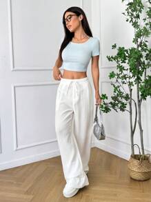 SHEIN EZwear Women's Casual Cotton Long Pants: Comfortable, Semi-Sheer Knitted Fabric With Pockets, Perfect For Everyday Wear - Blue - View 3