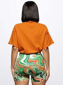 Slaydiva Solid Color Crop Tie Open Front Short Sleeve Shirt And All Over Print Cropped Shorts