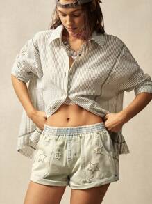 Bohemela Short en jean déchiré casual avec taille élastique et poche brodée pour femmes - Jean clair - Voir 7