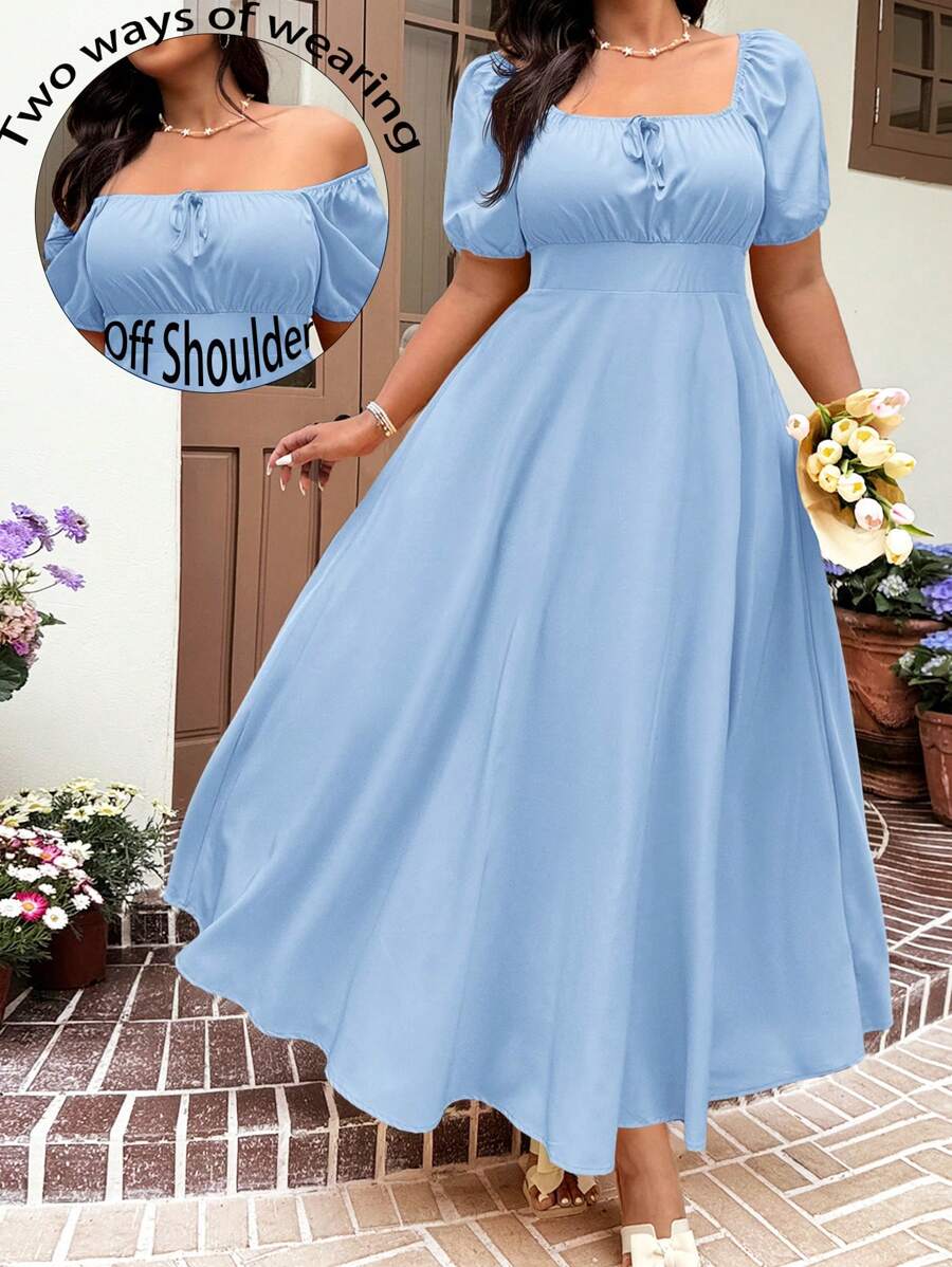 Solflare 大码女式黄色短袖休闲系带前腰收腰优雅度假装女士休闲婚礼宾客连衣裙，春夏，太阳裙 - 藍色 - 查看 1