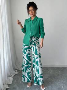 SHEIN LUNE Button Through Shirt & Allover Print Wide Leg Trousers - Multicolor - View 4