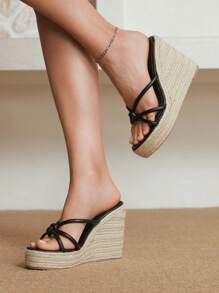 Styleloop 女士绳编厚底坡跟凉鞋，适合派对、婚礼、日常穿着、度假 - 黑色 - 查看 3