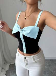 Elenzga Women Contrast Color Rhinestone Bow Decor Cropped Camisole