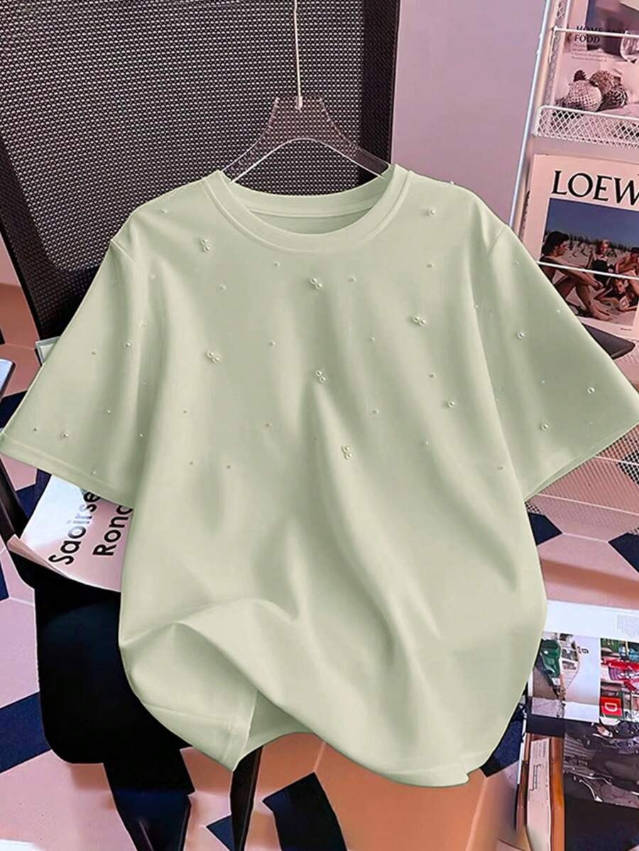 Franclia Fashionable Crew Neck Bubble Pearl White Short Sleeve T-Shirt, Summer Top - Olive Green - View 1