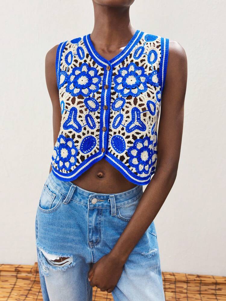 SHEIN Maija Durchbrochene Strickweste für Damen in Kontrastfarbe für den Urlaub, geeignet für den Strand, Frühling/Sommer, Cut Out