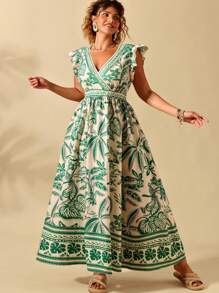 Breezaya Vestido de mujer de talla grande, elegante y casual, de estilo europeo y americano, con cuello en V y cruce en la cintura, falda ancha, adecuado para diversas ocasiones como salidas, citas, vacaciones, reuniones casuales, conmuta. Tela cómoda