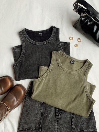 Comfortcana 2 Pcs/Set Plus Size Distressed Cotton Canvas Tight Top, Back To School