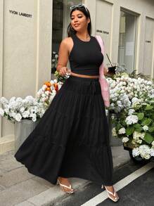 SHEIN EZwear 2pcs/Set Black Sleeveless Tank Dress Plus Size