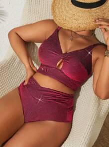 Swim Lushoire 2pcs Plus Size Women Fashion Sexy V-Neck Adjustable Strap Twisted Vest Asymmetric Spliced Swimwear Set Summer - Multicolor - View 1