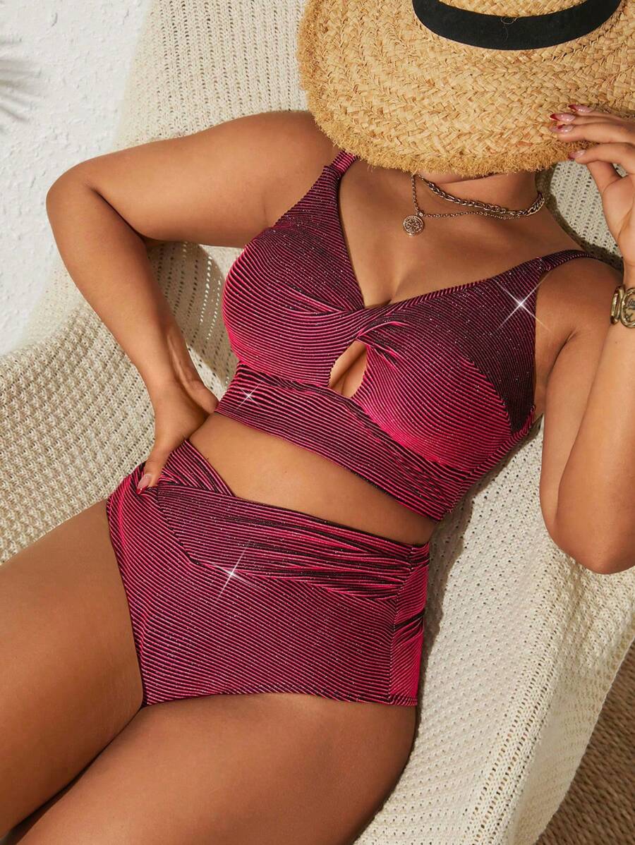 Swim Lushoire 2pcs Plus Size Women Fashion Sexy V-Neck Adjustable Strap Twisted Vest Asymmetric Spliced Swimwear Set Summer - Multicolor - View 1