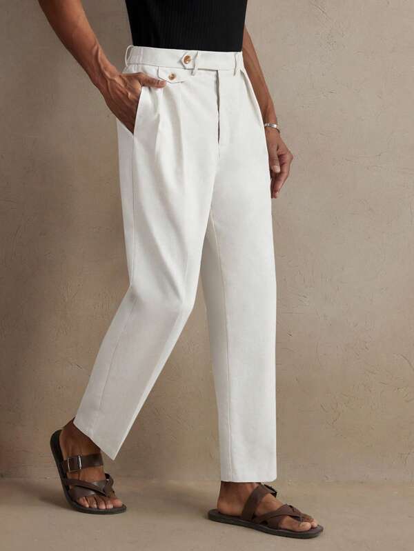 AKNOTIC Business Casual Men's Woven Linen Mid-Waist Straight Leg Casual Pants, Suitable For Daily Wear, School