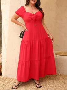 SHEIN Clasi Abito casual a linea A con arricciature frontali, elegante e semplice, adatto per feste, matrimoni e uso quotidiano, taglia comoda, tinta unita