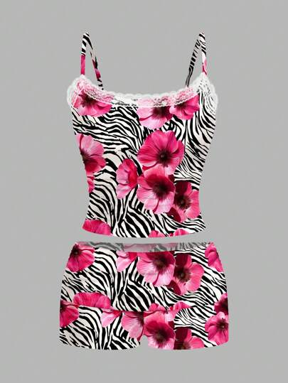 Vecteezy Set de 2 piezas Conjunto casual de mujer con estampado de flores y encaje, apto para el verano