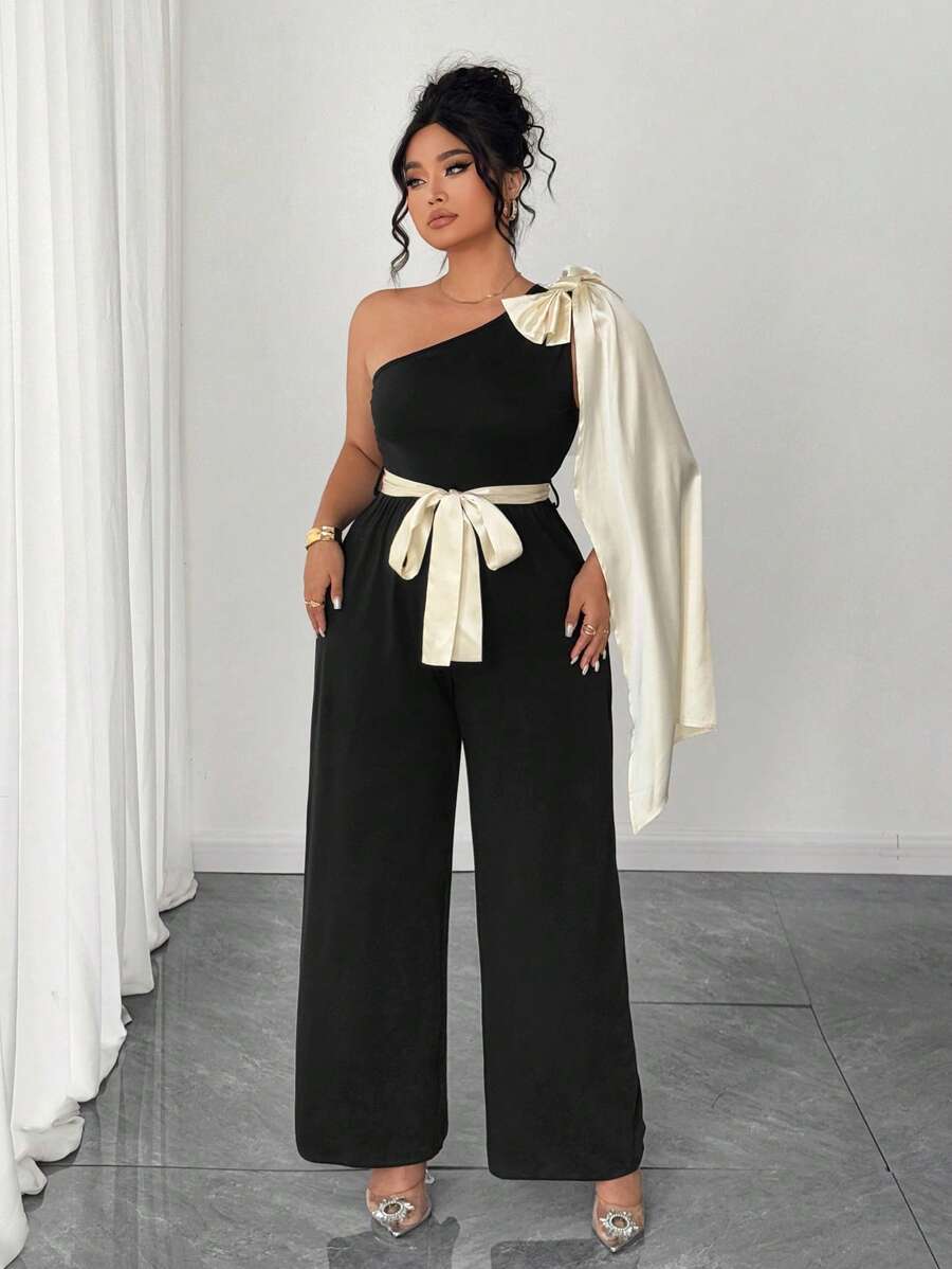 SHEIN Unity Plus Size Women One-Shoulder Bowknot Colorblock Tie Waist Jumpsuit, Slimming Straight Leg, Suitable For Work